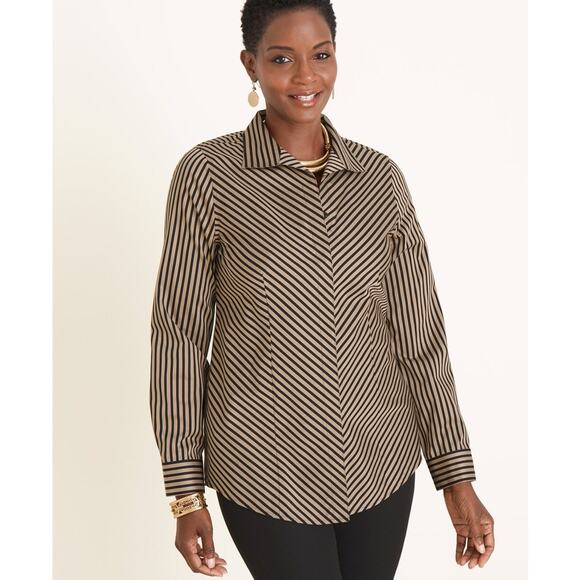 Chico’s Women’s Collar Shirt Sz 3 (16) No-Iron Sateen Striped Button Down blk - Picture 1 of 8